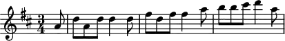\header {
tagline = ##f
}
\score {
\new Staff \with {
}
<<
\relative c'' {
\key d \major
\time 3/4
\override TupletBracket #'bracket-visibility = ##f
%\autoBeamOff
%%%%%%%%%%%%%%%%%%%%%%%%%% K15d
\partial 8 a8 d a d d4 d8 fis d fis fis4 a8 b b cis d4 a8
}
>>
\layout {
\context {
\remove "Metronome_mark_engraver"
}
}
\midi {}
}