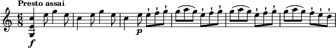 \relative c' {
\version "2.18.2"
\key c \major
\time 6/8
\tempo "Presto assai"
\tempo 4 = 150
<g e' c'>4\f e''8 g4 e8
c4 e8 g4 e8
c4 e8\p e-! f-! g-!
g (a g) e-! f-! g-!
g (a g) e-! f-! g-!
g (a g) f-! e-! d-!
}