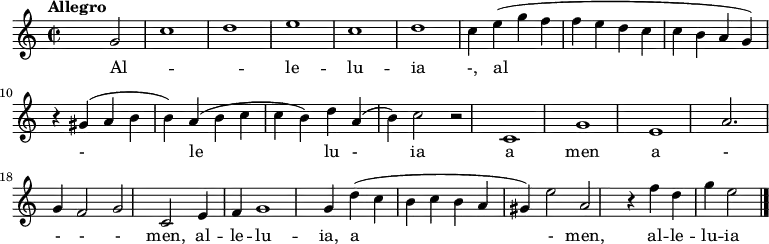 \relative c' {
\version "2.18.2"
\key c\major
\time 2/2
\tempo "Allegro"
s2 g'2 \melisma c1 d \melismaEnd e c d c4 e4 (g f f e d c c b a g) r4 gis4 (a b b) a (b c c b) d a (b) c2 r2
c,1 g' e a2. g4 f2 g c, e4 f g1 g4 d' (c b c b a gis) e'2 a, r4 f'4 d g e2 \bar "|." }
\addlyrics {
Al -- le -- lu -- ia -, al - le lu - ia a men a - - - - men, al -- le -- lu -- ia, a - men, al -- le -- lu -- ia
}