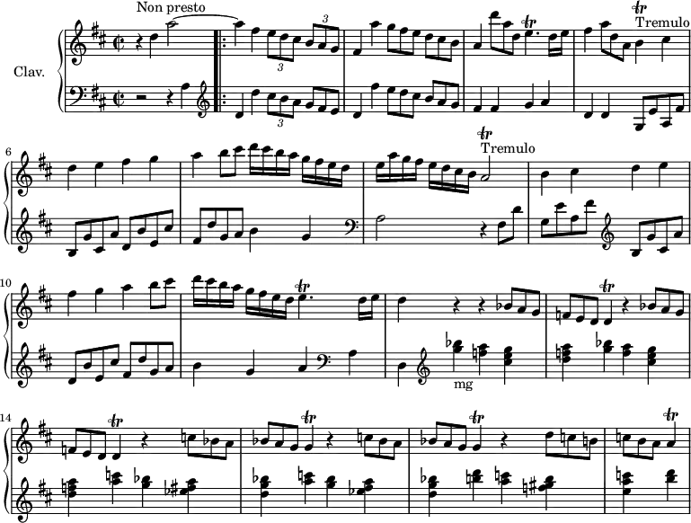 
\version "2.18.2"
\header {
  tagline = ##f
}

%% les petites notes
trillEp     = { \tag #'print { e4.\trill } \tag #'midi { fis32 e fis e~ e4 } }
trillD      = { \tag #'print { d4\trill } \tag #'midi { e32 d e d~ d8 } }
trillG      = { \tag #'print { g4\trill } \tag #'midi { a32 g a g~ g8 } }
trillA      = { \tag #'print { a4\trill } \tag #'midi { b32 a b a~ a8 } }

upper = \relative c'' {
  \clef treble 
  \key d \major
  \time 2/2
  \tempo 2 = 56
  \set Staff.midiInstrument = #"harpsichord"
  \override TupletBracket.bracket-visibility = ##f

      s8*0^\markup{Non presto}
      r4 d4 a'2~ | a4 fis \times 2/3 { e8 d cis } \times 2/3 { b8[ a g] } | fis4 a' \omit TupletNumber \times 2/3 { g8 fis e }   \times 2/3 { d8[ cis b] }
      % ms. 4
      a4 \times 2/3 { d'8 a d, } \trillEp d16 e | fis4 \times 2/3 { a8 d, a } b4\trill^\markup{Tremulo} cis | d e fis g | 
      % ms. 7
      a4 b8 cis d16 cis b a g[ fis e d] | e a g fis e[ d cis b]  a2^\markup{Tremulo}\trill b4 cis d e |
      % ms. 10
      fis4 g a b8 cis | d16 cis b a g[ fis e d] \trillEp d16 e | d4 r4 \repeat unfold 2 { r4 \times 2/3 { bes8 a g }
      % ms. 13
      \times 2/3 { f8[ e d] } \trillD } \repeat unfold 2 { r4 \times 2/3 { c'8 bes a } | \times 2/3 { bes a g } \trillG } r4
      % ms. 16 fin
      \times 2/3 { d'8 c b } \times 2/3 { c[ b a] } \trillA 

}

lower = \relative c' {
  \clef bass
  \key d \major
  \time 2/2
  \set Staff.midiInstrument = #"harpsichord"
  \override TupletBracket.bracket-visibility = ##f

    % **************************************
      r2 r4 a4   \clef treble  
      \repeat volta 2 {  
      d4 d' \times 2/3 { cis8 b a }   \omit TupletNumber \times 2/3 { g8[ fis e] } | d4 fis' \times 2/3 { e8 d cis } \times 2/3 { b8[ a g] } |
      % ms. 4
      fis4 fis g a | d, d g,8 e' a, fis' | b, g' cis, a' d, b' e, cis'
      % ms. 7
      fis,8 d' g, a b4 g |   \clef bass a,2 r4 | fis8 d' g, e' a, fis'   \clef treble   b,8 g' cis, a' |
      % ms. 10
      d,8 b' e, cis' fis, d' g, a | b4 g a    \clef bass  a,4 d, |    \clef treble  < g'' bes >4-\markup{mg} < f a > < cis e g > |
      % ms. 13
      < d f a >4 < g bes > < f a > < cis e g > | < d f a > < a' c > < g bes > < ees fis a > | < d g bes > < a' c > < g bes > < ees fis a > |
      % ms. 16 
      < d g bes > < b' d > < a c > < f gis b > | < e a c > < b' d > 
      
      } \bar ".|:" % fin de reprise
}

thePianoStaff = \new PianoStaff <<
    \set PianoStaff.instrumentName = #"Clav."
    \new Staff = "upper" \upper
    \new Staff = "lower" \lower
  >>

\score {
  \keepWithTag #'print \thePianoStaff
  \layout {
      #(layout-set-staff-size 17)
    \context {
      \Score
     \override SpacingSpanner.common-shortest-duration = #(ly:make-moment 1/2)
      \remove "Metronome_mark_engraver"
    }
  }
}

\score {
  \keepWithTag #'midi \thePianoStaff
  \midi { }
}
