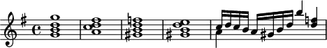 \header {
tagline = ##f
}
\score {
\new Staff \with {
}
<<
\relative c''' {
\key g \major
\time 4/4
\override TupletBracket #'bracket-visibility = ##f
%\autoBeamOff
%%%%%%%%%%%%%%%%%%%%%%%%%% K15g
< g d b g >1 < fis d c a >1 < f! d b gis >1 < e d b gis >1
<< { c16 d c b a gis b d b'4 < f! d >4 } \\ { a,4 } >>
}
>>
\layout {
\context {
\remove "Metronome_mark_engraver"
}
}
\midi {}
}