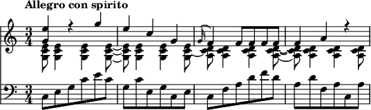 <<
\new Staff \relative c'' {
\version "2.18.2"
\key c \major
\tempo "Allegro con spirito"
\time 3/4
<< \relative c'' {\stemUp <g e'>4 r4 g' e c g \grace g16 (f4) f8 f f f f4 a r4} \\ \relative c'' {\stemDown <g, c e>8 <g c e>4 <g c e> <g c e>8 ~ <g c e>8 <g c e>4 <g c e> <g c e>8 ~ <a c d> <a c d>4 <a c d> <a c d>8 ~ <a c d> <a c d>4 <a c d> <a c d>8 }>>
}
\new Staff \relative c {
\clef bass
\key c \major
\time 3/4
c8 e g c e c
g c e, g c, e
c f a d f d
a d f, a c, a'
}
>>