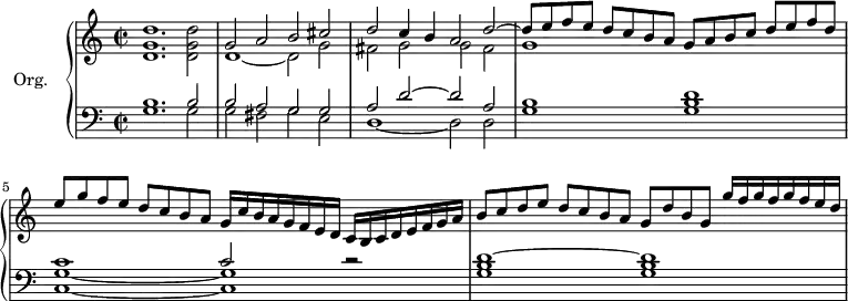 
\version "2.18.2"
\header {
  tagline=##f
}

%%%%%%%%%% KEYS %%%%%%%%%%%%%

global={ \time 2/1
           \set Staff.timeSignatureFraction=2/2
         }
Key={ \key c \major }

%% droite
rhUpper=\relative c'' {
  \voiceOne
  \Key
  s1*2 g2 a b cis  d c4 b a2 d~ d8[ e f e] d c b a g[ a b c] d e f d|e[ g f e] d c b a g16[ c b a g f e d] c b c d e f g a|b8 c d e d[ c b a] g[ d' b g] g'16 f g f g f e d
}
rhLower=\relative c' {
  \voiceTwo
  \Key
  < d g d' >1. < d g d' >2 d1~ d2 g fis g g fis g1 s1 
}

%% gauche
lhUpper=\relative c' {
  \voiceOne
  \Key
  b1. b2 b a g g a d~ d a b1 d c c2 r2 d1~ d
}
lhLower=\relative c {
  \voiceTwo
  \Key
  g'1. g2 g fis g e d1~ d2 d g1 < g b >1 < c, g' >1~ q < g' b >1 q
}

PianoRH={
  \clef treble
  \global
  \set Staff.midiInstrument=#"church organ"
  <<
    \new Voice="one" \rhUpper
    \new Voice="two" \rhLower
  >>
}
PianoLH={
  \clef bass
  \global
  \set Staff.midiInstrument=#"recorder"
  <<
    \new Voice="one" \lhUpper
    \new Voice="two" \lhLower
  >>
}

piano={
  <<
    \set PianoStaff.instrumentName=#"Org."
    \new Staff="upper" \PianoRH
    \new Staff="lower" \PianoLH
  >>
}

\score {
  \new PianoStaff <<
    \set PianoStaff.instrumentName=#"piano"
    \new PianoStaff="piano" \piano
  >>
  \layout {
    #(layout-set-staff-size 17)
    \override SpacingSpanner.common-shortest-duration=#(ly:make-moment 1/2)
    \context {
      \Score
      \remove "Metronome_mark_engraver"
    }
  }
  \midi { \tempo 2=92 }
}
