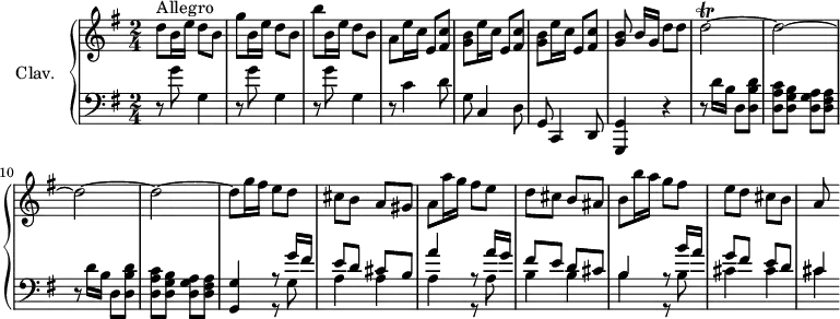 
\version "2.18.2"
\header {
  tagline = ##f
}

TrillD   = { \tag #'print { d2~\trill d~ d~ d~ } \tag #'midi { \repeat unfold 30 { e32 d~ } d8~ }  }

upper = \relative c'' {
  \clef treble 
  \key g \major
  \time 2/4
  \tempo 4 = 112
  \set Staff.midiInstrument = #"harpsichord"

  d8^\markup{Allegro} b16 e d8 b | g' b,16 e d8 b | b'8 b,16 e d8 b | a8 e'16 c e,8 < fis c' >8 | 
  % ms. 5
  \repeat unfold 2 { < g b >8 e'16 c e,8 < fis c' >8 } | < g b >8 b16[ g] d'8 d | \TrillD | d8 g16 fis e8 d |
  % ms. 13
  cis8  b a gis | a a'16 g fis8 e | d cis b ais | b8 b'16 a g8 fis | e d cis b | a

}

lower = \relative c' {
  \clef bass
  \key g \major
  \time 2/4
  \set Staff.midiInstrument = #"harpsichord"

    % **************************************
   \repeat unfold 3 { r8 g'8 g,4 } | r8 c4 d8 | g,8 c,4 d8 | g, c,4 d8 | < g, g' >4 r4 | 
   % ms. 8
   \repeat unfold 2 { r8 d'''16[ b] d,8 < d b' d >8 | < d a' c > < d g b > < d g a > < d fis a > } | < g, g' >4 << { r8 g''16 fis e8 d cis b | a'4 r8 a16 g fis8 e d cis | b4 | r8 b'16 a | g8 fis e d | cis4 } \\ { r8 g8 | a4  a | a r8 a8 | b4 b | b r8 b8 | cis4 cis | cis } >>
} 

thePianoStaff = \new PianoStaff <<
    \set PianoStaff.instrumentName = #"Clav."
    \new Staff = "upper" \upper
    \new Staff = "lower" \lower
  >>

\score {
  \keepWithTag #'print \thePianoStaff
  \layout {
      #(layout-set-staff-size 17)
    \context {
      \Score
     \override SpacingSpanner.common-shortest-duration = #(ly:make-moment 1/2)
      \remove "Metronome_mark_engraver"
    }
  }
}

\score {
  \keepWithTag #'midi \thePianoStaff
  \midi { }
}
