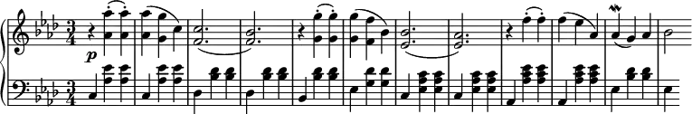 \relative c' {
\new PianoStaff <<
\new Staff { \key f \minor \time 3/4
\tempo \markup {
\column {
}
}
r <aes' aes'>-.( <aes aes'>-.) <aes aes'>( <g g'> c) <c f,>2.( <bes f>) r4 <g g'>4-.( <g g'>-.) <g g'>( <f f'> bes) <bes ees,>2.( <aes ees>) r4 f'4-.( f-.) f ( ees aes,) aes\mordent( g) aes bes2
}
\new Dynamics {
s\p
}
\new Staff { \key f \minor \time 3/4 \clef bass
c,,4 <aes' ees'> <aes ees'> c, <aes' ees'> <aes ees'> des, <bes' des> <bes des> des, <bes' des> <bes des> bes, <bes' des> <bes des> ees, <g des'> <g des'> c, <ees c' aes> <ees c' aes> c <ees c' aes> <ees c' aes> aes, <aes' ees' c> <aes ees' c> aes, <aes' ees' c> <aes ees' c> ees <bes' des> <bes des> ees,
}
>>
}