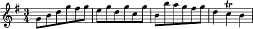 \header {
tagline = ##f
}
\score {
\new Staff \with {
}
<<
\relative c'' {
\key g \major
\time 3/4
\override TupletBracket #'bracket-visibility = ##f
%\autoBeamOff
%%%%%%%%%%%%%%%%%%%%%%%%%% K15c
g8 b d g fis g e g d g c, g' b, b' a g fis g d4 c\trill b
}
>>
\layout {
\context {
\remove "Metronome_mark_engraver"
}
}
\midi {}
}