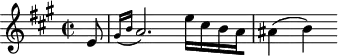 
\header {
  tagline = ##f
}

\score {
  \new Staff \with {

  }
<<
  \relative c'' {
    \key a \major
    \time 2/2
    \override TupletBracket #'bracket-visibility = ##f 
    \autoBeamOff

     %%%%%%%%%%%%%%%%%%%%%%%%%% K12
     \partial 8 e,8 \grace { gis16[( b16] } a2.) e'16[ cis b a ais4]( b)

  }
>>
  \layout {
    \context {
      \remove "Metronome_mark_engraver"
    }
  }
  \midi {}
}
