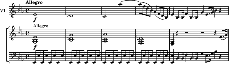 \new GrandStaff <<
\new StaffGroup <<
\new Staff {
\version "2.18.2"
\tempo "Allegro"
\clef treble
\key ees \major
\time 4/4
\tempo 4 = 120
\relative c'' {
< g, bes ees>1 \f ^ \markup {Allegro}
<bes des g>
<aes c aes'>
<f aes d!>
<g ees>4 r r2 r2 r4 ees'8. (g16)
}
}
\new Staff {
\clef bass
\key ees \major
\time 4/4
\relative c'' {
{ees,,,8 ees'} \repeat unfold 15 {ees,8 ees'}
<ees, ees'>4 bes'8. bes16 f'4 bes,8. bes16
g'4 ees8. g16 bes4 r
}
}
>>
\new Staff { \set Staff.instrumentName = "V1"
\relative c'' {
\key ees \major
\time 4/4
ees,1 \f des c2 aes''
(aes8) (f d bes) aes (f d bes)
ees4 bes8. bes16 f'4 bes,8. bes16
g'4 ees8. g16 bes4 r
}
}
>>