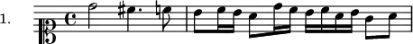 
\version "2.18.2"
\header {
  tagline = ##f
}

\score {
  \new Staff \with {

  }
<<
  \relative c'' {
    \set Staff.instrumentName = #"1."
    \clef soprano
    \key c \major
    \time 4/4
    \set Staff.midiInstrument = #"recorder" 
     %%%%%% section 1
     d2 cis4. c!8 b8 c16 b a8 d16 c b c a b g8 a

  }
>>
  \layout {
     \context { \Score \remove "Metronome_mark_engraver" }
  }
  \midi {}
}
