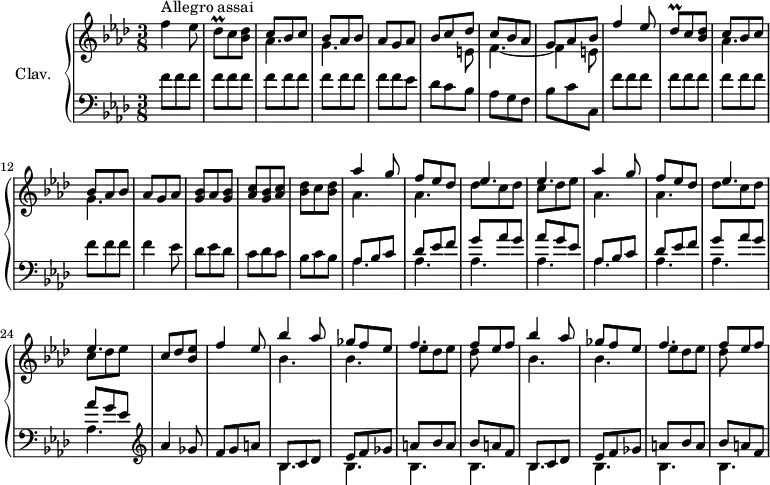 \version "2.18.2"
\header {
tagline = ##f
}
%% les petites notes
trillDesq = { \tag #'print { des8\prall } \tag #'midi { ees32 des ees des } }
upper = \relative c'' {
\clef treble
\key f \minor
\time 3/8
\tempo 4. = 112
\set Staff.midiInstrument = #"harpsichord"
\override TupletBracket.bracket-visibility = ##f
s8*0^\markup{Allegro assai}
f4 ees8 | \trillDesq c < bes des > | << { c8 bes c | bes aes bes | aes g aes | bes c des | c bes aes | g aes bes | f'4 ees8 | \trillDesq c < bes des > | } \\ { aes4. | g | s4. | s4 e8 | f4.~ f4 e8 } >> |
% ms. 11
<< { c'8 bes c | bes aes bes | aes g aes } \\ { aes4. | g } >> | < g bes >8 aes < g bes > | < aes c > < g bes > < aes c > |
% ms. 16
< bes des >8 c < bes des > | << { \repeat unfold 2 { aes'4 g8 | f ees des | ees4. | ees } | c8 des < bes ees > | f'4 ees8 } \\ { \repeat unfold 2 { aes,4. | aes | des8 c des | c des ees } | } >>
% m. 27
\repeat unfold 2 { << { bes'4 aes8 | ges8 f ees | f4. | f8 ees f } \\ { bes,4. | bes | ees8 des ees | des } >> } |
% ms. 35
}
lower = \relative c' {
\clef bass
\key f \minor
\time 3/8
\set Staff.midiInstrument = #"harpsichord"
\override TupletBracket.bracket-visibility = ##f
% **************************************
\repeat unfold 14 { f8 } ees8 | des c bes | aes g f |
% ms. 8
bes c c, | \repeat unfold 12 { f'8 } | f4 ees8 | des ees des | c des c |
% ms. 16
bes8 c bes | \repeat unfold 2 { << { aes bes c | des ees f | g aes g | aes g ees } \\ { \mergeDifferentlyDottedOn \repeat unfold 4 { aes,4. } } >> } | \clef treble
% ms. 25
aes'4 ges8 | f g a | \repeat unfold 2 { << { bes,8 c des | ees f ges | a bes a | bes a f } \\ { \repeat unfold 4 { bes,4. } } >> }
}
thePianoStaff = \new PianoStaff <<
\set PianoStaff.instrumentName = #"Clav."
\new Staff = "upper" \upper
\new Staff = "lower" \lower
>>
\score {
\keepWithTag #'print \thePianoStaff
\layout {
#(layout-set-staff-size 17)
\context {
\Score
\override SpacingSpanner.common-shortest-duration = #(ly:make-moment 1/2)
\remove "Metronome_mark_engraver"
}
}
}
\score {
\keepWithTag #'midi \thePianoStaff
\midi { }
}