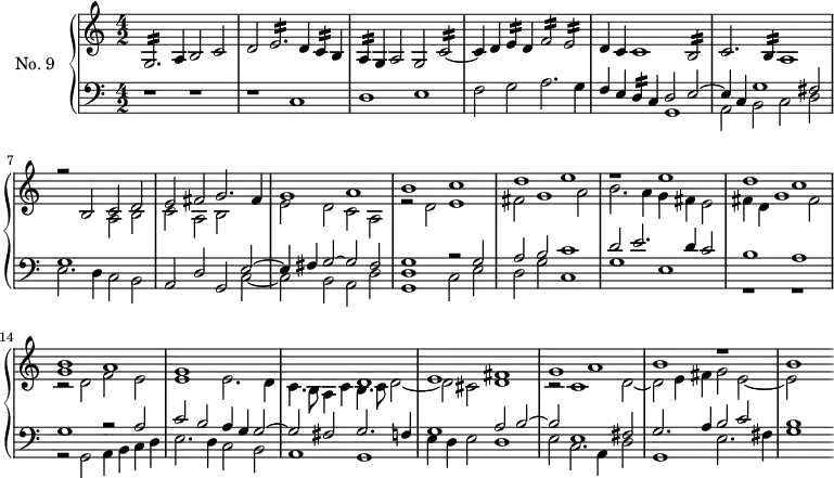\version "2.14.2"
\header {
tagline = ##f
}
Morg = { \tag #'print { g2.:16 } \tag #'midi { gis16 a gis8~ gis2 } }
More = { \tag #'print { e2.:16 } \tag #'midi { e16 d e8~ e2 } }
MorcB = { \tag #'print { c2:16~ } \tag #'midi { c16 b c8~ c4~ } }
MorfB = { \tag #'print { f2:16 } \tag #'midi { f16 e f8~ f4 } }
MoreB = { \tag #'print { e2:16 } \tag #'midi { e16 d e8~ e4 } }
MorbB = { \tag #'print { b2:16 } \tag #'midi { b16 a b8~ b4 } }
Morcq = { \tag #'print { c4:16 } \tag #'midi { c32 b c16~ c8 } }
Mordq = { \tag #'print { d4:16 } \tag #'midi { d32 c d16~ d8 } }
Moreq = { \tag #'print { e4:16 } \tag #'midi { e32 d e16~ e8 } }
Moraq = { \tag #'print { a4:16 } \tag #'midi { a32 g a16~ a8 } }
Morbq = { \tag #'print { b4:16 } \tag #'midi { b32 a b16~ b8 } }
upper = \relative c' {
\clef treble
\key a \minor
\time 4/2
\autoBeamOff
\tempo 2 = 82
\set Staff.midiInstrument = #"church organ"
\Morg a4 b2 c | d \More d4 \Morcq b4 | \Moraq g4 a2 g \MorcB | c4 d \Moreq d4 \MorfB \MoreB |
d4 c c1 \MorbB | c2. \Morbq a1 |
<< { r2 b2 c d | e fis g2. fis4 } \\ { s1 a,2 b | c a b } >>
<< { g'1 a b c d e } \\ { e,2 d c a r2 d2 e1 fis2 g1 a2 } >>
% ms 12
<< { r1 e'1 d c < b g >1 a g } \\ { b2. a4 g fis e2 fis4 d g1 fis2 r2 d2 f e e1 e2. d4 } >>
<< { s1 d1 e fis g a b r1 b } \\ { c,4. b8 a4 c b4. c8 d2~ d cis d1 r2 c1 d2~ d e4 fis g2 e~ e } >>
}
lower = \relative c {
\clef bass
\key a \minor
\time 4/2
\set Staff.midiInstrument = #"church organ"
r1 r1 | r1 c1 | d e | f2 g a2. g4 |
<< { f4 e \Mordq c4 d2 e~ | e4 c g'1 fis2 } \\ { s1 g, | a2 b c d } >>
<< { g1 } \\ { e2. d4 c2 b } >>
<< { a2 d g, e'2~ } \\ { s2*3 c2~ } >>
<< { e4 fis g2~ g fis } \\ { c2 b a d } >>
<< { s1 r2 g2 a b c1 } \\ { < g d g, >1 c,2 e d g c,1} >>
<< { d'2 e2. d4 c2 b1 a } \\ { g1 e r1 r1 } >>
% ms 14
<< { g1 r2 a2 } \\ { r2 g,2 a4 b c d } >>
<< { c'2 b a4 g g2~ g fis g2. f4 } \\ { e2. d4 c2 b a1 g } >>
% ms 17
<< { g'1 a2 b~ b e,1 fis2 g2. a4 b2 c b1 } \\ { e,4 d e2 d1 e2 c2. a4 d2 g,1 e'2. fis4 g1 } >>
}
thePianoStaff = \new PianoStaff <<
\set PianoStaff.instrumentName = #"No. 9"
\new Staff = "upper" \upper
\new Staff = "lower" \lower
>>
\score {
\keepWithTag #'print \thePianoStaff
\layout {
\context {
\Score
\remove "Metronome_mark_engraver"
\override SpacingSpanner.common-shortest-duration = #(ly:make-moment 1/2)
}
}
}
\score {
\keepWithTag #'midi \thePianoStaff
\midi { }
}