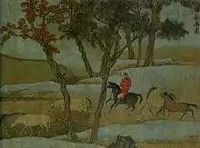 Représentation d'un homme à cheval rassemblant d'autres chevaux.