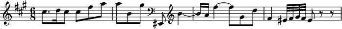 \version "2.18.2"
\header {
tagline = ##f
}
\score {
\new Staff \with {
}
<<
\relative c'' {
\key fis \minor
\time 6/8
\tempo 8 = 82
\override TupletBracket #'bracket-visibility = ##f
%%Mozart — Concerto 23, mvt 2, th. 1
cis8. d16 cis8 cis fis a a b, gis' \clef bass eis,,,8 \clef treble b'''4~ b16 a fis'4~ fis8 gis, d' fis,4 eis32 fis gis fis eis8 r8 r8
}
>>
\layout {
\context { \Score \remove "Metronome_mark_engraver" }
}
\midi {}
}