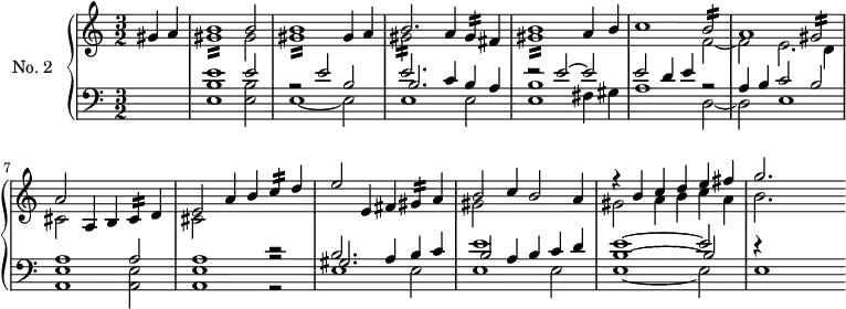 \version "2.18.2"
\header {
tagline = ##f
}
MordgisR = { \tag #'print { gis1:16 } \tag #'midi { gis16 fis gis8~ gis4~ gis2 } }
MordgisB = { \tag #'print { gis2:16 } \tag #'midi { gis16 fis gis8~ gis4~ } }
MordbB = { \tag #'print { b2:16 } \tag #'midi { b16 a b8~ b4~ } }
Mordgisq = { \tag #'print { gis4:16 } \tag #'midi { gis16 fis gis8~ } }
Mordcq = { \tag #'print { c4:16 } \tag #'midi { c16 b c8~ } }
Mordcisq = { \tag #'print { cis4:16 } \tag #'midi { cis16 b cis8~ } }
upper = \relative c'' {
\clef treble
\key c \major
\time 3/2
\tempo 2 = 110
%\autoBeamOff
\set Staff.midiInstrument = #"harpsichord"
\partial 2 gis4 a
<< { b1 b2 } \\ { \MordgisR gis2 } >>
<< { b1 gis4 a } \\ { \MordgisR } >>
<< { b2. a4 \Mordgisq fis } \\ { \MordgisB } >>
<< { b1 a4 b } \\ { \MordgisR } >>
<< { c1 \MordbB } \\ { s1 f2~ } >>
% ms 7
<< { a1 \MordgisB } \\ { f2 e2. d4 } >>
<< { a'2 a,4 b \Mordcisq d4 } \\ { cis2 } >>
<< { e2 a4 b \Mordcq d4 } \\ { cis,2 } >>
<< { e'2 e,4 fis \Mordgisq a4 } \\ { } >>
<< { b2 c4 b2 a4 } \\ { gis2 } >>
<< { r4 b c d e fis g2. } \\ { gis,2 a4 b c a b2. } >>
s4
}
lower = \relative c {
\clef bass
\key c \major
\time 3/2
\set Staff.midiInstrument = #"harpsichord"
s2
<< { e'1 e2 r2 e2 b e2. } \\ { < b e, >1 < b e, >2 e,1~ e2 e1 e2 < b' e, >1 fis4 gis } \\ { s1. s1. b2. c4 b a r2 e'2~ e } >>
<< { e2 d4 e r2 } \\ { a,1 d,2~ } >>
<< { a'4 b c2 b } \\ { d, e1 } >>
<< { a1 a2 } \\ { < e a, >1 < e a, >2 } >>
<< { a1 r2 } \\ { < e a, >1 r2 } \\ {s1 r2} >>
% ms 10
<< { b'2. a4 b c } \\ { e,1 e2 } \\ { gis2. } >>
<< { e'1 c4 d } \\ { e,1 e2 } \\ { b'2 a4 b } >>
<< { e1~ e2 } \\ { e,1~ e2 } \\ { b'1~ b2 } >>
<< { r4 } \\ { e,1 } >>
}
thePianoStaff = \new PianoStaff <<
\set PianoStaff.instrumentName = #"No. 2"
\new Staff = "upper" \upper
\new Staff = "lower" \lower
>>
\score {
\keepWithTag #'print \thePianoStaff
\layout {
\context {
\Score
\remove "Metronome_mark_engraver"
}
}
}
\score {
\keepWithTag #'midi \thePianoStaff
\midi { }
}
