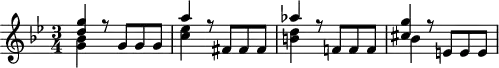 \header {
tagline = ##f
}
\score {
\new Staff \with {
}
<<
\relative c'' {
\key bes \major
\time 3/4
\override TupletBracket #'bracket-visibility = ##f
%\autoBeamOff
%%%%%%% K15p
<< { <g' d>4 r8 g,8 g g } \\ { <bes g>4 } >>
<< { a'4 r8 fis,8 fis fis } \\ { < ees' c >4 } >>
<< { aes4 r8 f,!8 f f } \\ { < d' b! >4 } >>
<< { < g cis, >4 r8 e,!8 e e } \\ { bes'4 } >>
}
>>
\layout {
\context {
\remove "Metronome_mark_engraver"
}
}
\midi {}
}
