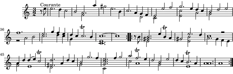 \version "2.18.2"
\header {
tagline = ##f
}
\score {
\new Staff \with {
}
\relative c'' {
\key c \major
\time 3/2
\tempo 2 = 86
\autoBeamOff
\clef treble
\override Rest #'style = #'classical
\set Score.currentBarNumber = #29
\set Staff.midiInstrument = #"violin"
\repeat volta 2 {
\partial 4
r8^"Courante" e8 | e2. d4 c2 |
<< { b2 a2. a'4 } \\ { s2 f,2 } >>
gis'2 e2. b4
<< { c2. a4 g f } \\ { s1 d2 } >>
<< { e2 e' f } \\ { c,2 } >>
<< { g''2. e4 d c } \\ { << e,2 c' >> s2 a2 } >>
<< { b2 d e } \\ { g,2 } >>
<< { f'1. } \\ { r2 a,2 b } >>
<< { e2. g4 f e } \\ { c2. s4 d c } >>
<< { d4 c c2.\trill b4 } \\ { g4 } >>
<< { c1.~ c1 } \\ { << c,1. e >> } >>
}
\set Score.currentBarNumber = #41
\repeat volta 2 {
\partial 4 r8 b'8
<< { << gis2. b >> e4 b\trill a } \\ { e2 } >>
<< { gis2 e'2. d4 } \\ { s2 << e,2 b' >> } >>
<< { c1 r2 } \\ { a2. g4 f e } >>
<< { a4 d d( e) c2\trill } \\ { f,2 e1 } >>
<< { << fis2. d' >> a4 d c } \\ { d,2 } >>
<< { b'2 g'2. f4 } \\ { g,2 } >>
<< { << g2. c e >> f4 g2 } \\ { c,,2 } >>
<< { a''2 f2.\trill e4 } \\ { c2 a1 } >>
<< { d2 b e } \\ { s2 g,2 } >>
<< { d'4 c b2.\trill a4 } \\ { s2 e1 } >>
<< a1. a1. >>
a1
}
}
\layout {
\context {
\Score
\remove "Metronome_mark_engraver"
}
}
\midi {}
}
