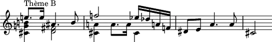 \version "2.14.2"
\header {
tagline = ##f
}
\score {
\new Staff \with {
\remove "Time_signature_engraver"
}
\relative c'' {
\key c \major
\time 3/4
\tempo 4 = 82
\clef treble
\override Rest #'style = #'classical
% thème B
{
<< { e!8.^"Thème B" e16 ais,4. b8 } \\ { < cis, g'! b! >4 < d fis >2 } >>
<< { f'!2 ees16 des a! f! } \\ { < cis a'! >4 a'8. a16 cis,4 } >>
dis8 e a4. a8 | cis,2
}
}
\layout {
\context {
\Score
\remove "Metronome_mark_engraver"
}
}
\midi {}
}