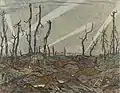 Tableau montrant un sol bosselé et boueux, avec troncs déchiquetés et faisceaux lumineux dans un ciel jaune.