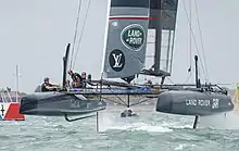 Bateau de face «&nbsp;en l'air&nbsp;» sur ses foils.