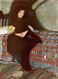 Sara et sa poupée dans la mansarde. Illustration d'Ethel Franklin Betts pour une édition publiée chez Charles Scribner's Sons, 1917.