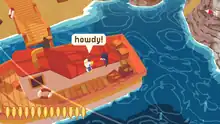 Un pélican sur un bateau dit "Howdy!" à un autre oiseau.
