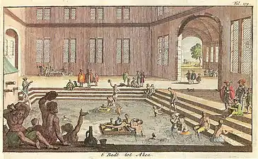 Vue intérieure du bain impérial à Aix-la-Chapelle, fin du XVIIe&nbsp;siècle. Des tables flottantes portent des jarres pour l'eau et le vin.