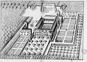 Planche gravée du XVIIe&nbsp;siècle représentant l'abbaye Saint-Basle de Verzy, dans le livre Monasticon Gallicanum.