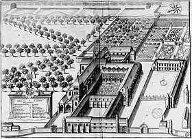 Planche gravée du Monasticon Gallicanum représentant l'abbaye Saint-Faron telle qu'elle était au XVIIe&nbsp;siècle