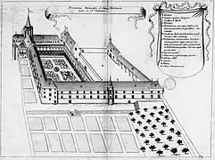 L’abbaye au XVIIe siècle, planche gravée du Monasticon Gallicanum.