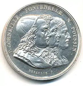 Académie de Rouen 1744, Corneille, Fontenelle, Poussin, argent, 33 mm.