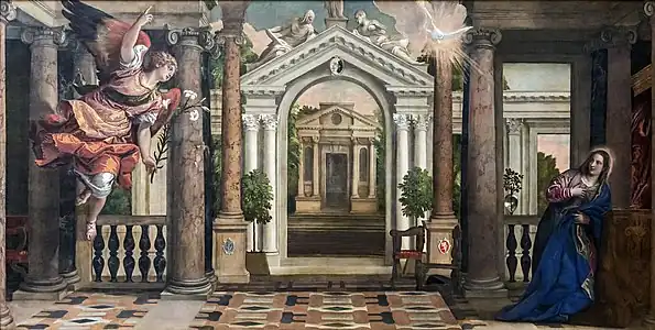 Peinture. L'ange arrive à gauche et regarde Maris à droite. Au milieu, le regard aboutit dans un petit bâtiment.