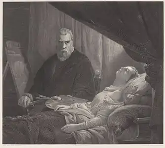 Gravure d'après Léon Cogniet, Le Tintoret sur le lit de mort de sa fille.