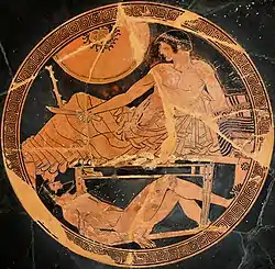 Achille gardant le corps d'Hector, coupe athénienne à figures rouges, v.&nbsp;490-480 av. J.-C., musée du Louvre