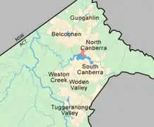 Plan de Canberra. Acton est surligné en rose.