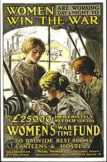 Dessin de trois femmes travaillant à un tour dans une usine. Par la fenêtre, derrière elles, on aperçoit un bâtiment portant le sigle YWCA (Young Women's Christian Association). Un texte en anglais précise que 25 000 livres sont immédiatement nécessaires pour pourvoir à des salles de repos, des cantines et des hôtels.