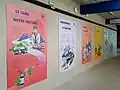 Affiches sur l'histoire de Pierre Fabre, des laboratoires pharmaceutiques et du CO dans les travées de la tribune Francis-Rui.