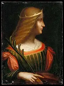 Personnage peint en couleurs selon une pose identique au modèle du carton.