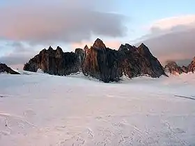Les aiguilles Dorées depuis le glacier du Trient. Au centre, la tête Biselx (3 507 m) et, tout à droite, l'aiguille de la Varappe (3 517 m).