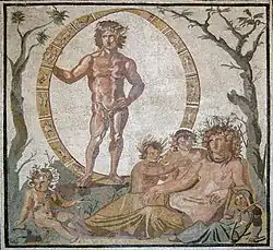 Éon et Tellus entourée de quatre enfants, peut-être les saisons personnifiées, mosaïque romaine d'une villa de Sentinum, début IIIe siècle, Glyptothèque de Munich (Inv. W504)