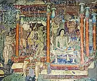 Sibi Jataka: le roi subit les rituels traditionnels des renonceurs. Il reçoit un bain de cérémonie.