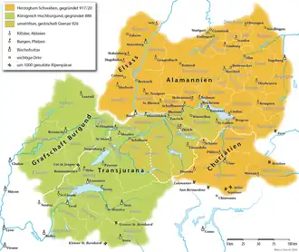 Les Alamans répartis entre le duché de Souabe et le royaume de Bourgogne au Xe&nbsp;siècle.