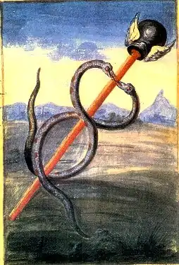 Allégorie alchimique (extraite de l'ouvrage Alchimie de Nicolas Flamel, par le Chevalier Denys Molinier XVIIIe siècle) représentant le caducée : bâton rouge surmonté d'un casque muni d'ailes (celui du dieu Hermès, patron des guérisseurs) et autour duquel s'enroulent deux serpents qui finissent par former une seule et même figure. En arrière-plan se détache un paysage bucolique.