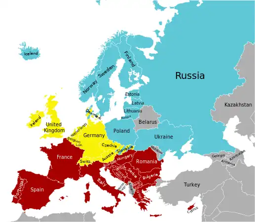 Les trois couronnes d'alcool en Europe, selon les consommations traditionnelles dans chaque pays.Prédominance de la vodkaPrédominance de la bièrePrédominance du vin