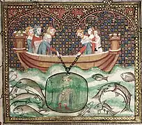 Alexandre dans une cloche de plongée en verre, Roman d'Alexandre, XIVe&nbsp;siècle.