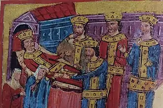 Alexandre le Grand sur son lit de mort, version grecque du Roman d'Alexandre, XIVe siècle.