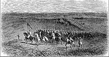 Gravure ancienne représentant une armée en marche.