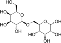 Structure chimique de l'allolactose : β-D-galactopyrannosyl (1→6) D-glucopyrannose.