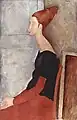 Peinture de profil d'une femme assise mains sur les genoux, haut chignon conique