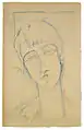 Dessin au crayon bleu d'une tête de femme vue de face, un peu inclinée vers la droite
