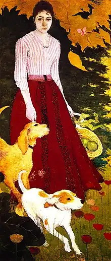 Tableau étroit et haut représentant une femme et deux chiens sur fond de feuillage éparpillé.